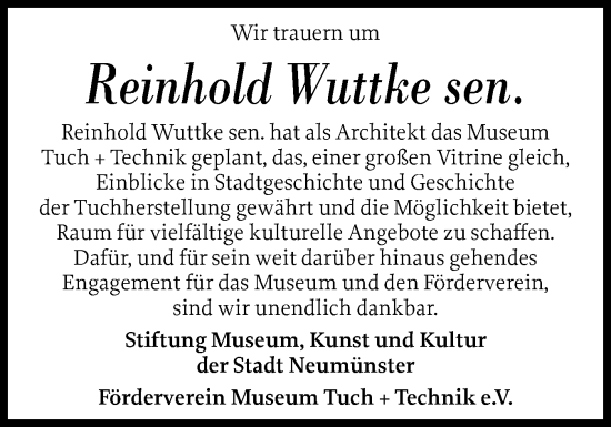 Traueranzeige von Reinhold Wuttke von Holsteinischer Courier
