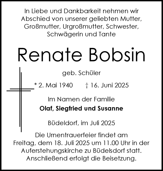 Traueranzeige von Renate Bobsin von Schleswig-Holsteinische Landeszeitung