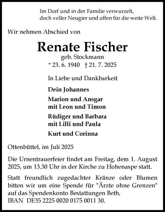 Traueranzeige von Renate Fischer von Norddeutsche Rundschau, Wilstersche Zeitung, Glückstädter Fortuna
