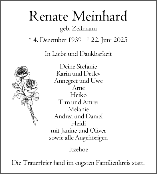 Traueranzeige von Renate Meinhard von Norddeutsche Rundschau, Wilstersche Zeitung, Glückstädter Fortuna