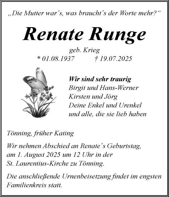 Traueranzeige von Renate Runge von Husumer Nachrichten, Nordfriesland Tageblatt