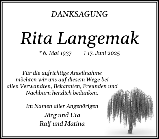 Traueranzeige von Rita Langemak von MARKT Glinde/Reinfeld