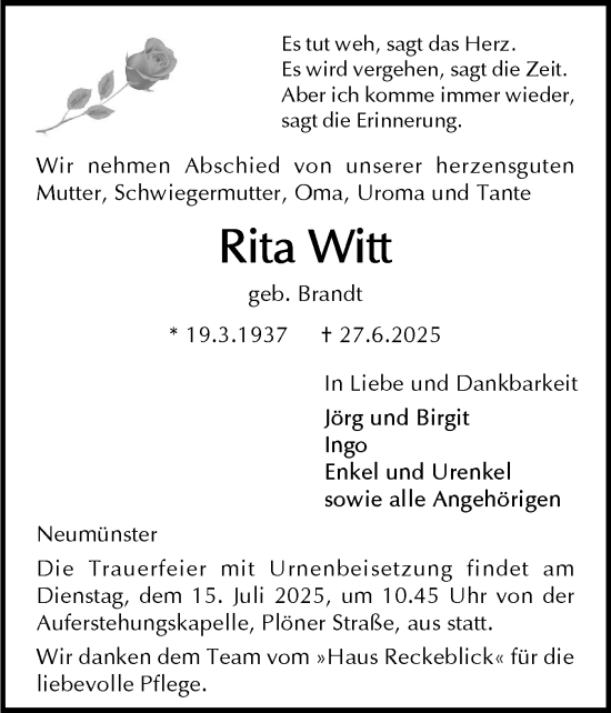 Traueranzeige von Rita Witt von Holsteinischer Courier