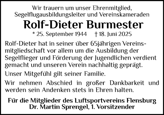 Traueranzeige von Rolf-Dieter Burmester von Flensburger Tageblatt