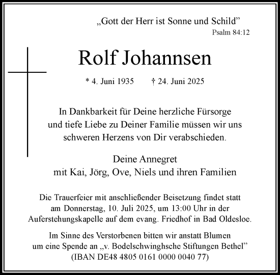 Traueranzeige von Rolf Johannsen von MARKT Bad Oldesloe/Reinfeld und Stormarner Tageblatt