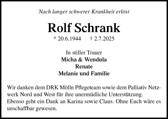 Traueranzeige von Rolf Schrank von MARKT Ratzeburg/Mölln
