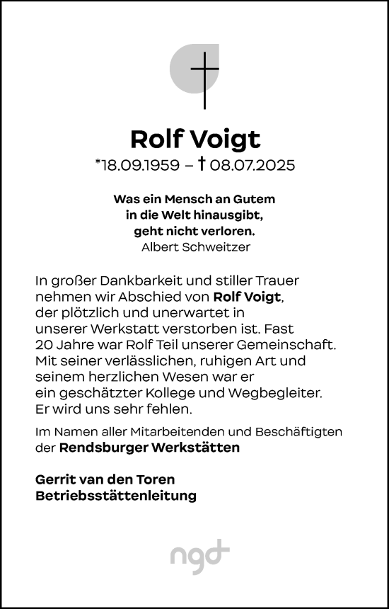 Traueranzeige von Rolf Voigt von Schleswig-Holsteinische Landeszeitung