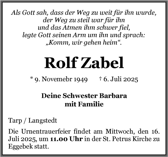 Traueranzeige von Rolf Zabel von Flensburger Tageblatt
