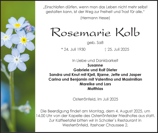 Traueranzeige von Rosemarie Kolb von Schleswig-Holsteinische Landeszeitung