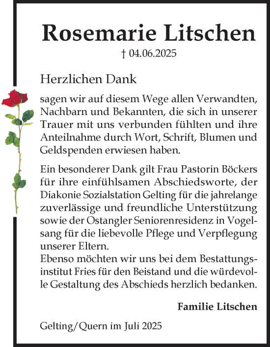 Traueranzeige von Rosemarie Litschen von Schleswiger Nachrichten, Schlei-Bote