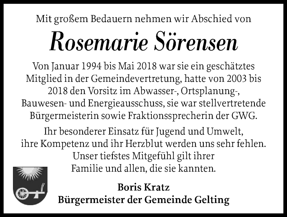  Traueranzeige für Rosemarie Sörensen vom 01.08.2025 aus Flensburger Tageblatt, Schleswiger Nachrichten, Schlei-Bote