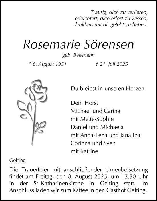 Traueranzeige von Rosemarie Sörensen von Flensburger Tageblatt, Schleswiger Nachrichten, Schlei-Bote