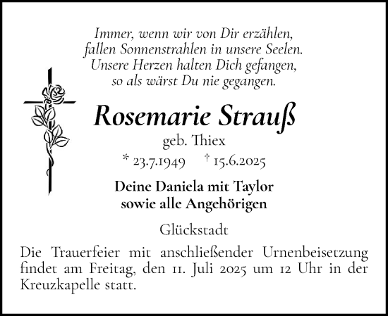 Traueranzeige von Rosemarie Strauß von Norddeutsche Rundschau, Wilstersche Zeitung, Glückstädter Fortuna