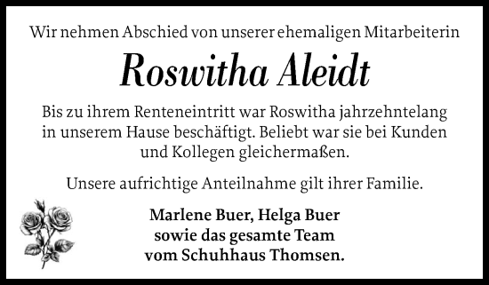 Traueranzeige von Roswitha Aleidt von Husumer Nachrichten, Nordfriesland Tageblatt