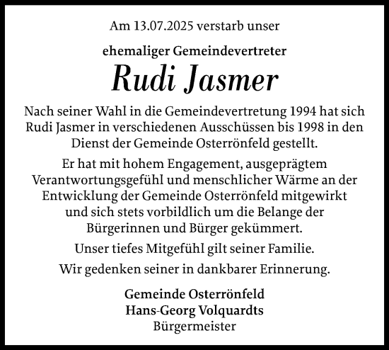 Traueranzeige von Rudi Jasmer von Schleswig-Holsteinische Landeszeitung