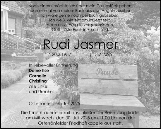 Traueranzeige von Rudi Jasmer von Schleswig-Holsteinische Landeszeitung
