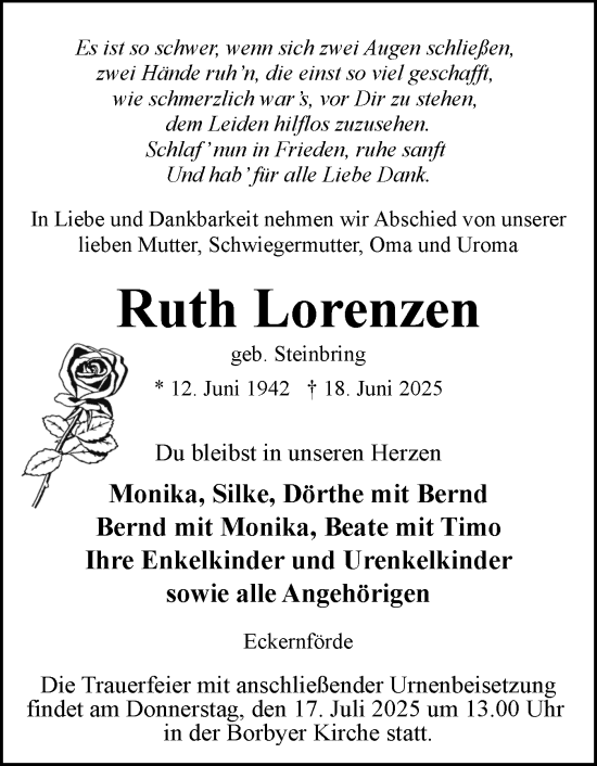 Traueranzeige von Ruth Lorenzen von Eckernförder Zeitung, Hallo Eckernförde