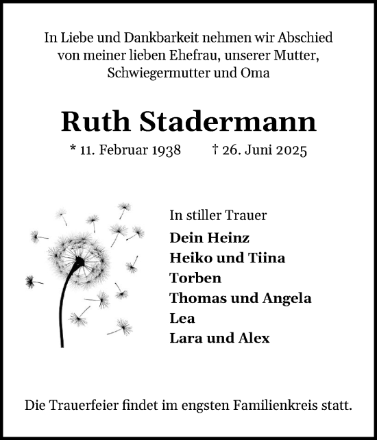 Traueranzeige von Ruth Stadermann von Region Pinneberg und tip Pinneberg