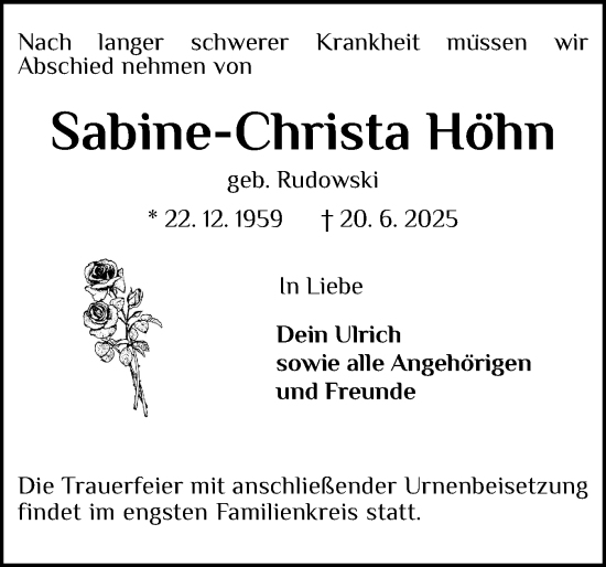 Traueranzeige von Sabine-Christa Höhn von Der Insel-Bote