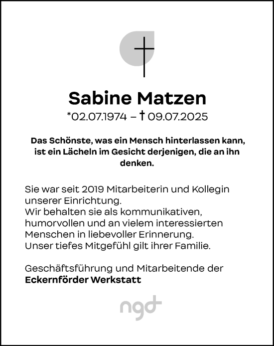 Traueranzeige von Sabine Matzen von Eckernförder Zeitung