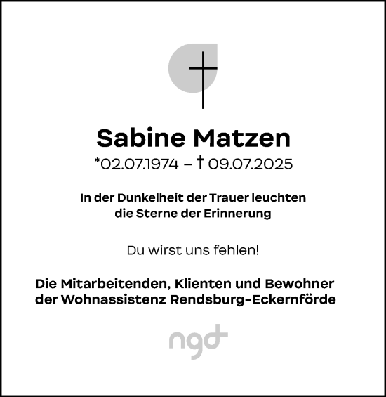 Traueranzeige von Sabine Matzen von Eckernförder Zeitung