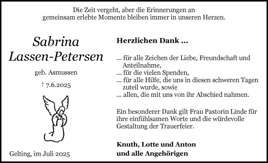Traueranzeige von Sabrina Lassen-Petersen von Flensburger Tageblatt