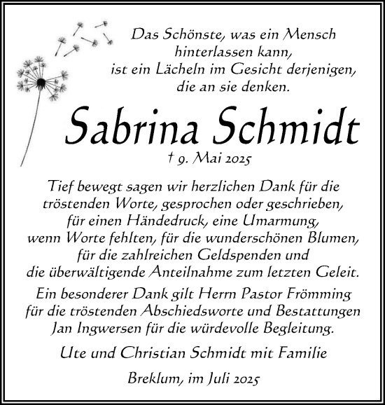 Traueranzeige von Sabrina Schmidt von Husumer Nachrichten, Nordfriesland Tageblatt