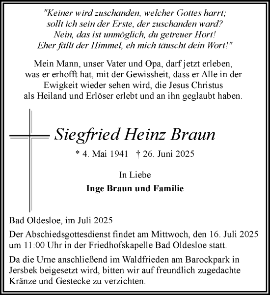 Traueranzeige von Siegfried Heinz Braun von MARKT Bad Oldesloe/Reinfeld und Stormarner Tageblatt
