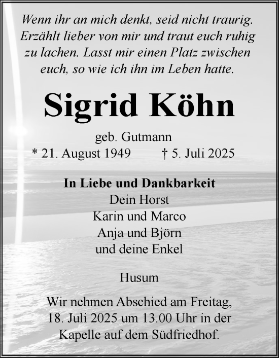 Traueranzeige von Sigrid Köhn von Husumer Nachrichten, Nordfriesland Tageblatt