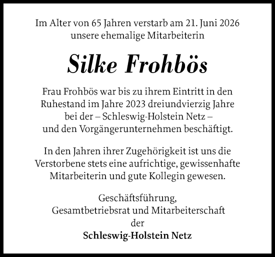 Traueranzeige von Silke Frohbös von Schleswig-Holsteinische Landeszeitung