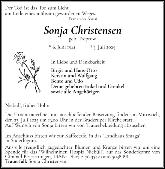 Traueranzeige von Sonja Christensen von Husumer Nachrichten, Nordfriesland Tageblatt