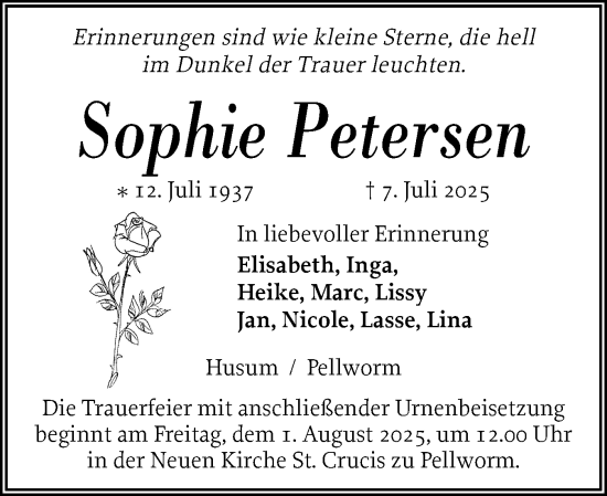 Traueranzeige von Sophie Petersen von Husumer Nachrichten, Nordfriesland Tageblatt