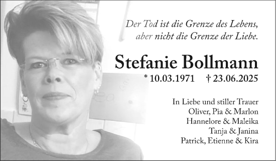 Traueranzeige von Stefanie Bollmann von Holsteinischer Courier