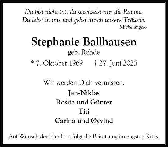 Traueranzeige von Stephanie Ballhausen von Heimatspiegel