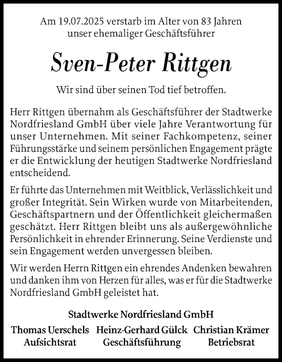 Traueranzeige von Sven-Peter Rittgen von Husumer Nachrichten, Nordfriesland Tageblatt
