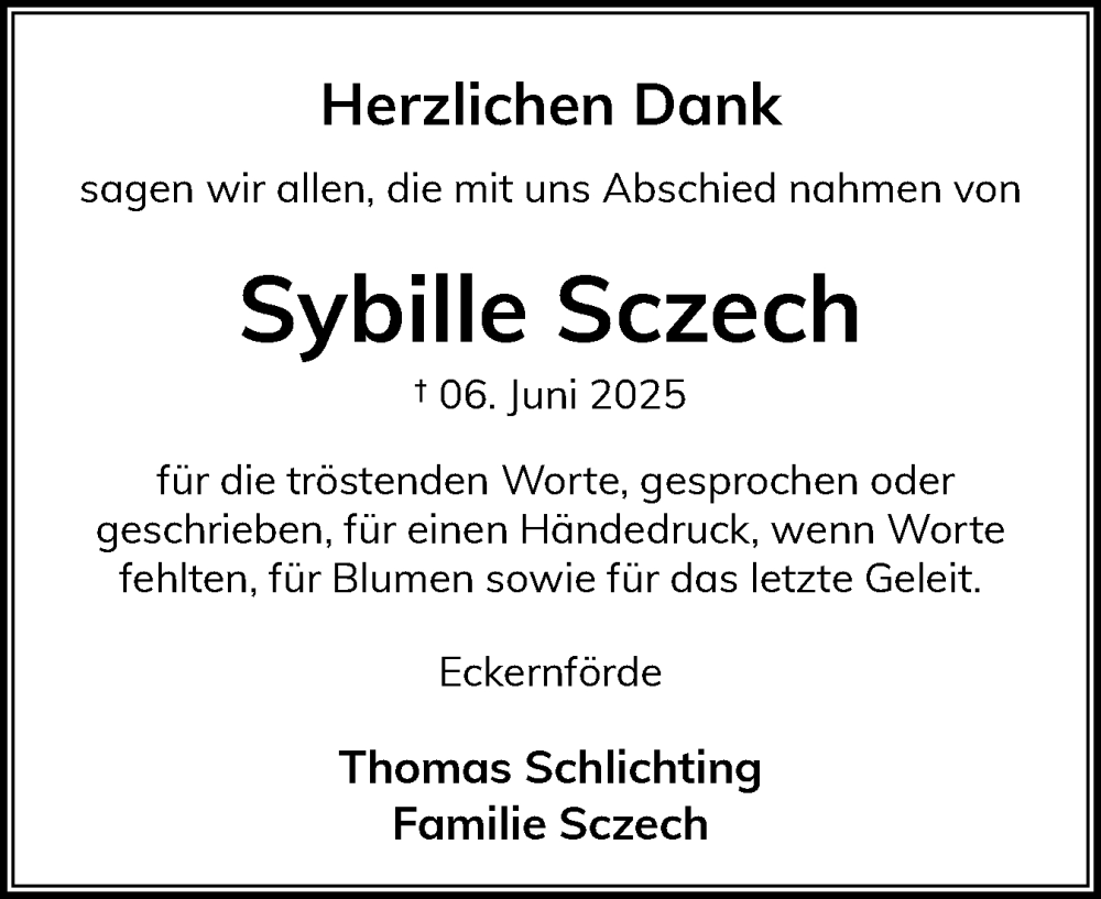  Traueranzeige für Sybille Sczech vom 19.07.2025 aus Eckernförder Zeitung, Hallo Eckernförde