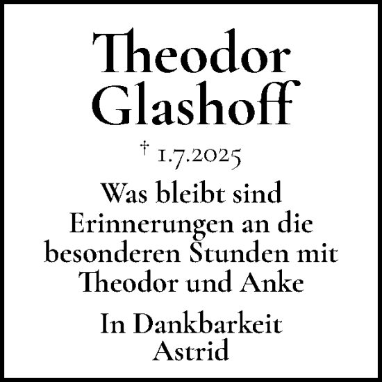Traueranzeige von Theodor Glashoff von Norddeutsche Rundschau, Wilstersche Zeitung, Glückstädter Fortuna