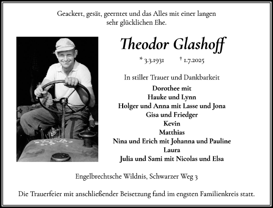 Traueranzeige von Theodor Glashoff von Norddeutsche Rundschau, Wilstersche Zeitung, Glückstädter Fortuna