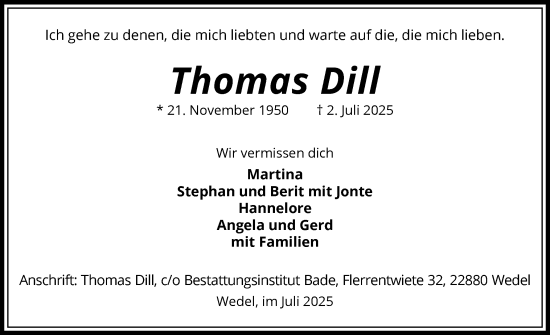 Traueranzeige von Thomas Dill von Wedel-Schulauer Tageblatt, tip Wedel-Schulauer Tageblatt, tip Rissener Rundschau