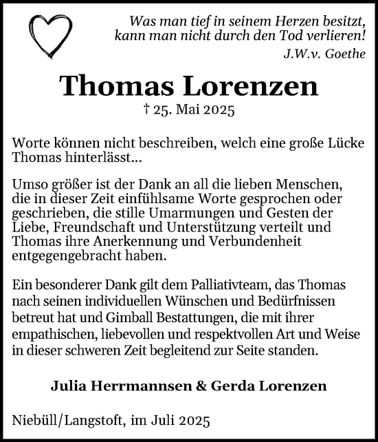 Traueranzeige von Thomas Lorenzen von Husumer Nachrichten, Nordfriesland Tageblatt