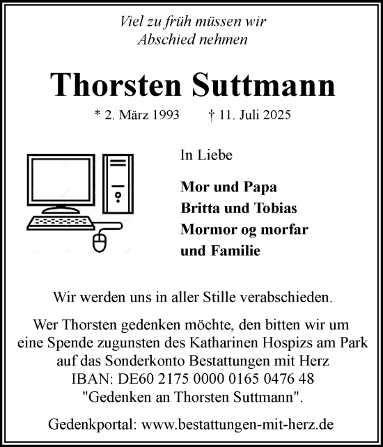Traueranzeige von Thorsten Suttmann von Flensburger Tageblatt
