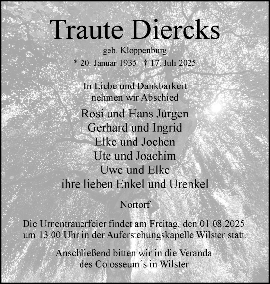 Traueranzeige von Traute Diercks von Norddeutsche Rundschau, Wilstersche Zeitung, Glückstädter Fortuna
