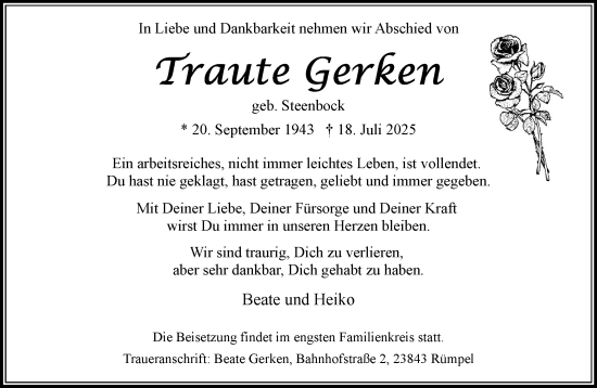 Traueranzeige von Traute Gerken von MARKT Bad Oldesloe/Reinfeld, MARKT Ahrensburg/Bargteheide/Trittau und Stormarner Tageblatt