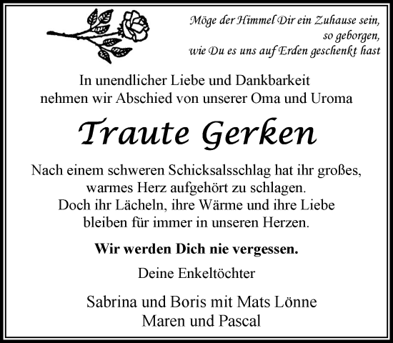 Traueranzeige von Traute Gerken von MARKT Bad Oldesloe/Reinfeld, MARKT Ahrensburg/Bargteheide/Trittau und Stormarner Tageblatt