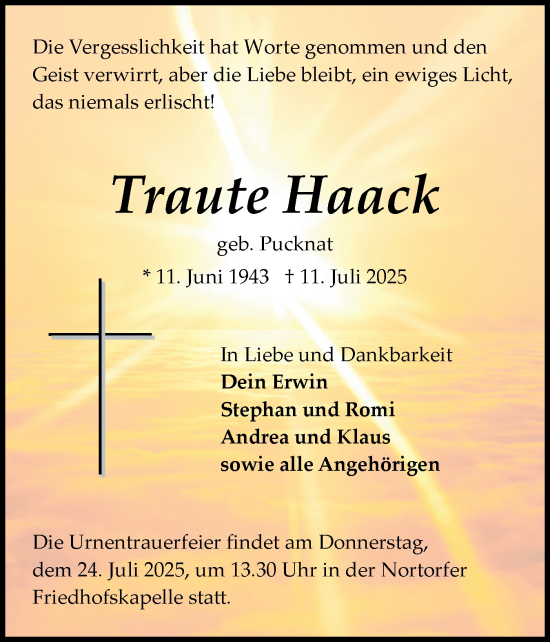 Traueranzeige von Traute Haack von Schleswig-Holsteinische Landeszeitung