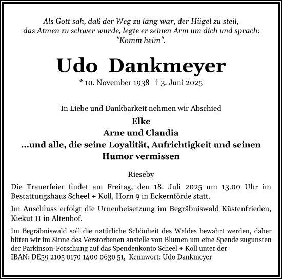 Traueranzeige von Udo Dankmeyer von Eckernförder Zeitung, Hallo Eckernförde
