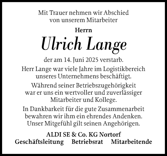 Traueranzeige von Ulrich Lange von Ostholsteiner Anzeiger