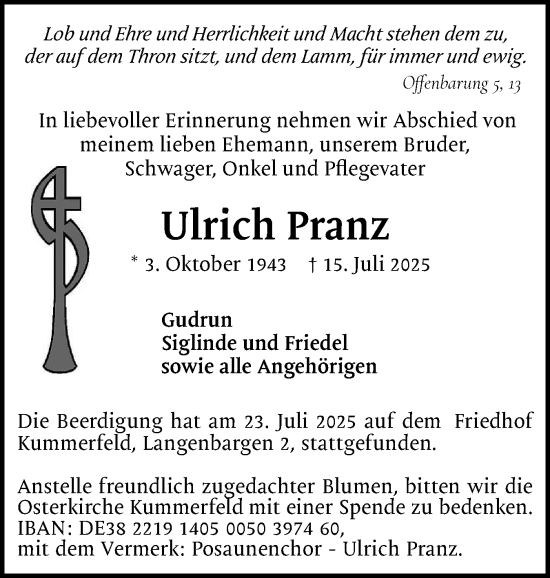 Traueranzeige von Ulrich Pranz von tip Gesamtausgabe
