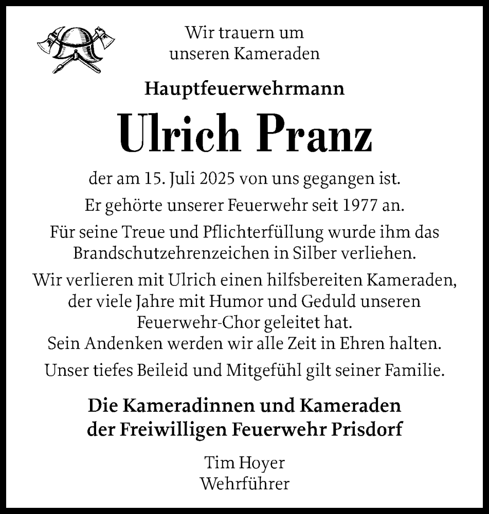  Traueranzeige für Ulrich Pranz vom 26.07.2025 aus Region Pinneberg und tip Pinneberg
