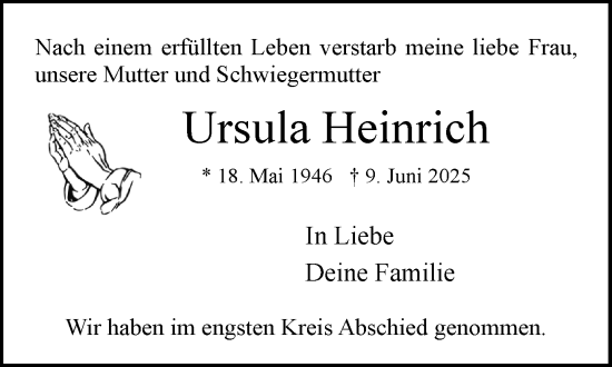 Traueranzeige von Ursula Heinrich von MARKT Ratzeburg/Mölln
